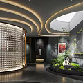 Modern Restaurant Interior With Circular Ceiling Wine Cabinet Green Plants Red Accents And Lighting