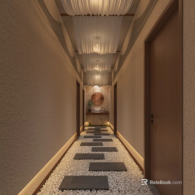 Elegant Hotel Corridor With Light Colored Walls Black Stone Slab Floor Pebbles And Ceiling Lights 3d model 