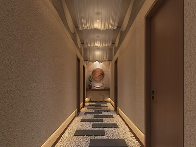 Elegant Hotel Corridor With Light Colored Walls Black Stone Slab Floor Pebbles And Ceiling Lights 3d model