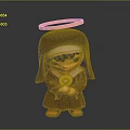 Toy Figure in Brown Robe With Golden Halo Black Eye Covering And Golden Circular Object