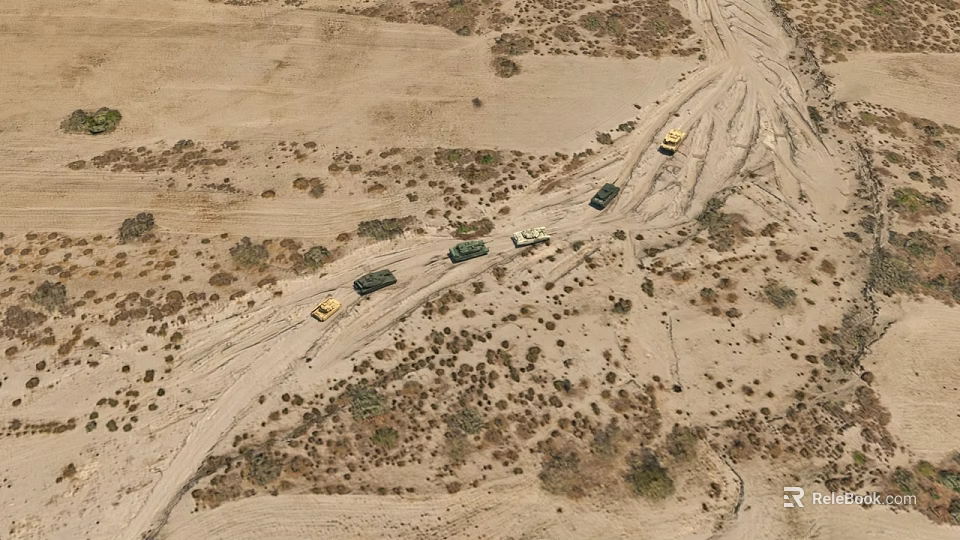 Desert Landscape With Military Tanks Forming A Convoy Moving Through Arid Terrain 3d model 