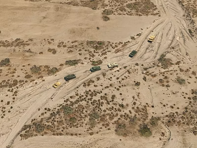 Desert Landscape With Military Tanks Forming A Convoy Moving Through Arid Terrain 3d model