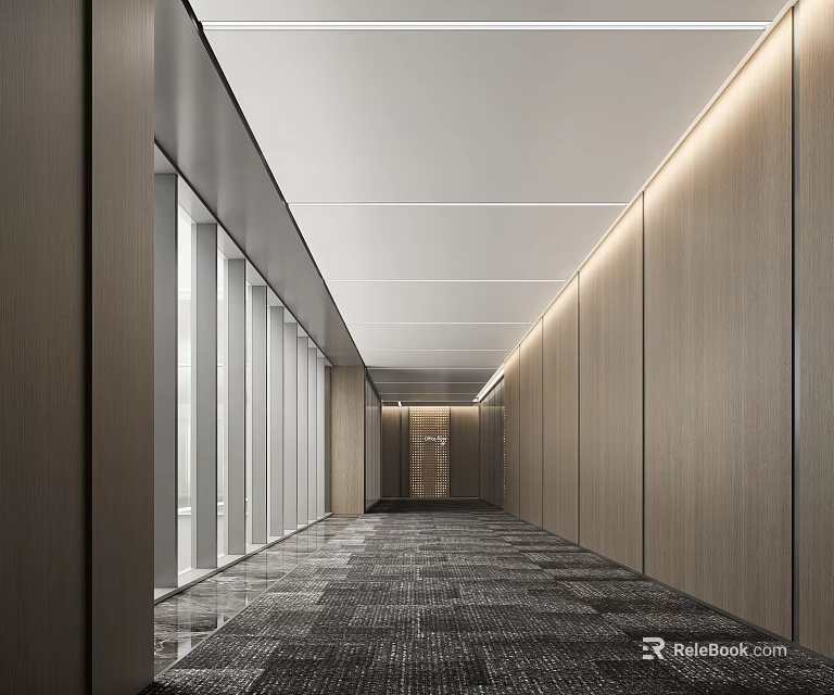 Modern Office Corridor With Wooden Walls Glass Partitions Carpeted Floor And Recessed Lighting 3d model 