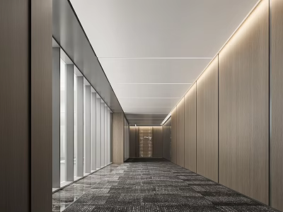 Modern Office Corridor With Wooden Walls Glass Partitions Carpeted Floor And Recessed Lighting 3d model