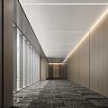 Modern Office Corridor With Wooden Walls Glass Partitions Carpeted Floor And Recessed Lighting