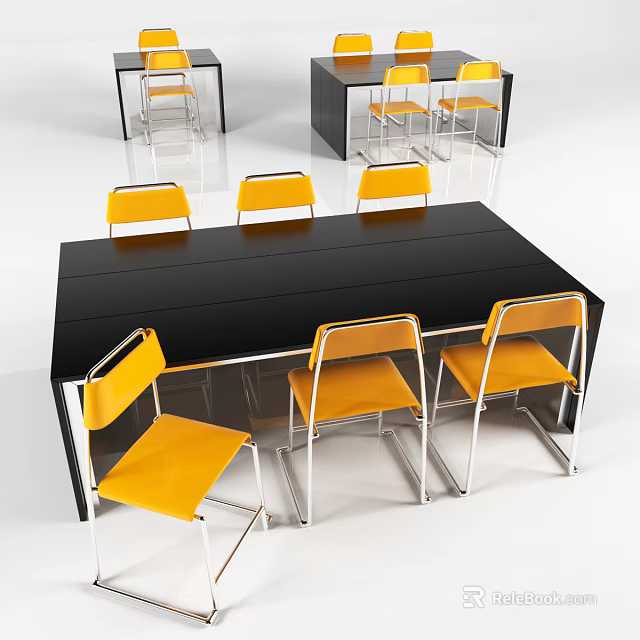 Modern Table And Chair Set Featuring Black Rectangular Table And Yellow Metal Leg Chairs 3d model 