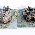 Natural Stone and Wood Decorative Tree Stumps With Green Moss and Small Plants