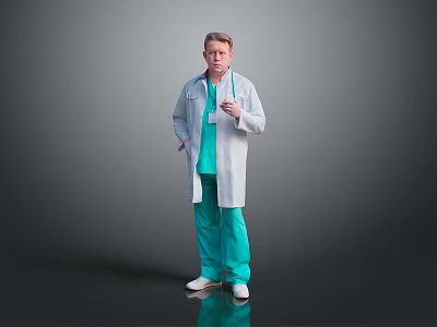 Game Movie Doctor Character Wearing White Coat And Green Scrubs Holding Stethoscope Against Gray Background 3d model
