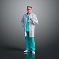 Game Movie Doctor Character Wearing White Coat And Green Scrubs Holding Stethoscope Against Gray Background