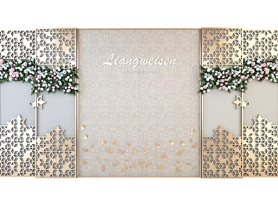 Elegant Sofa Backdrop Wall Design With Golden Laser Cut Panels And Floral Decorations 3d model