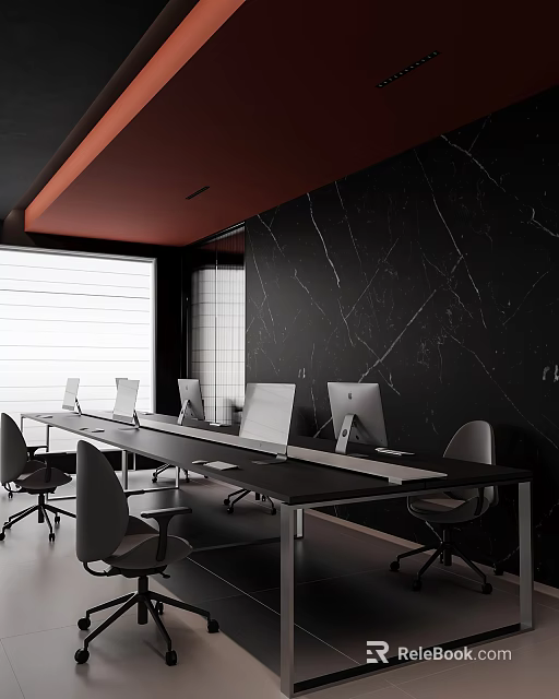 Modern Public Office Space Interior With Black Marble Wall Long Desk Multiple Computers And Gray Chairs 3d model