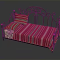 Vintage Iron Bed Frame With Red Striped Bedspread Pillow And Plaid Blanket