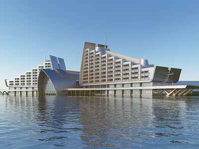 Modern Waterfront Hotel Building With Unique Architectural Design Curved Roof Glass Facade And Water Reflections 3d model