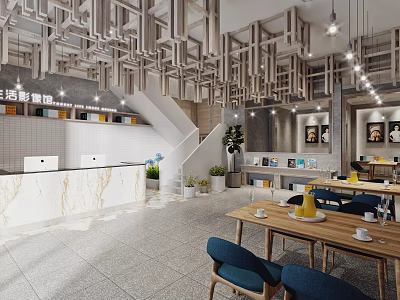 Bright Modern Interior Design With Front Counter Staircase Plants And Decorative Paintings 3d model