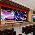 Modern Auditorium With Red Seats And Stage Equipment