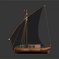 Wooden Sailing Boat With Light Blue Sail Mast And Detailed Wooden Cabin