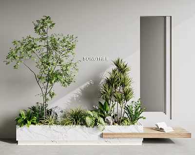 Indoor Landscape With Diverse Green Plants In Marble Planter Wooden Bench And Gray Wall Mirror 3d model