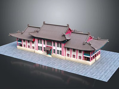 Traditional Chinese Architecture With Gray Tiled Roof Pink White Walls And Classic Eaves 3d model