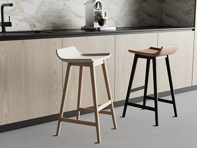 Modern Kitchen Interior with Light and Brown Bar Stools Wooden and Metal Frames Countertop 3d model