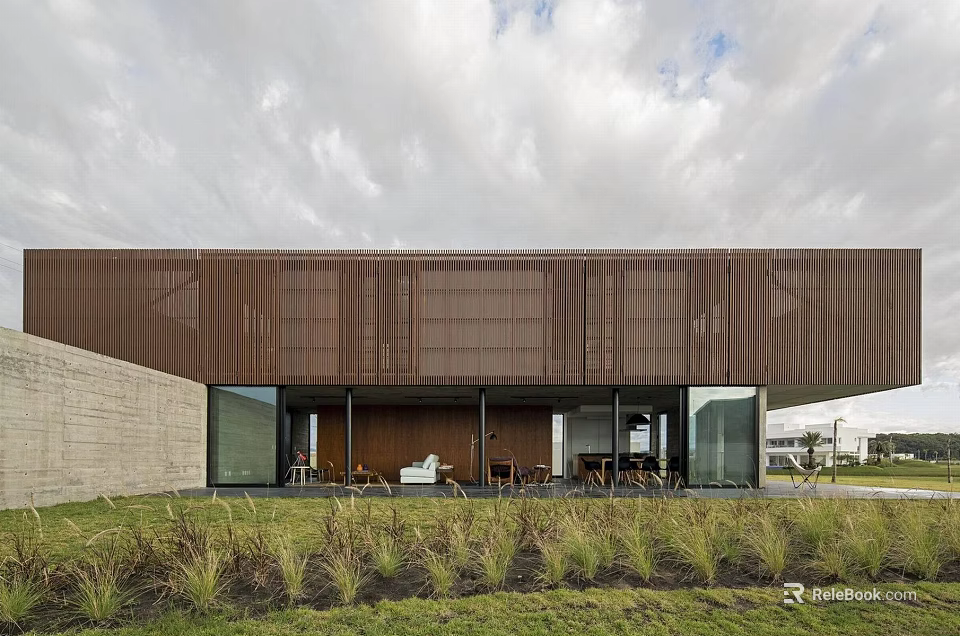 Modern Detached Villa Exterior With Corrugated Metal Cladding Large Glass Windows And Landscaped Grass Area 3d model 