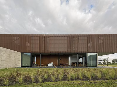 Modern Detached Villa Exterior With Corrugated Metal Cladding Large Glass Windows And Landscaped Grass Area 3d model