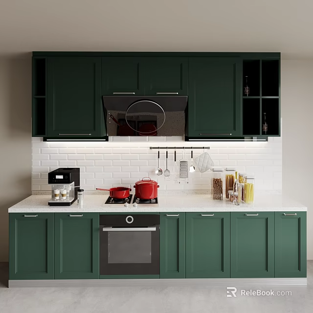 Modern Kitchen With Dark Green Cabinets And Appliances 3d model