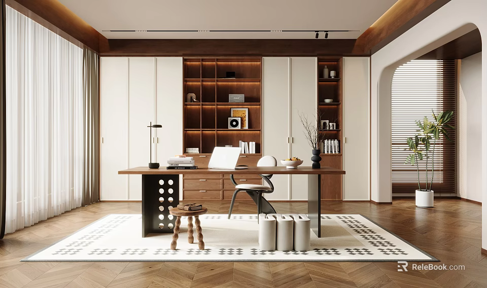 Modern Study Room Interior Design With Wooden Desk Built in Bookshelves And Ergonomic Chair 3d model 