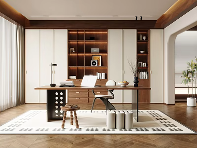 Modern Study Room Interior Design With Wooden Desk Built in Bookshelves And Ergonomic Chair 3d model