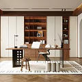 Modern Study Room Interior Design With Wooden Desk Built in Bookshelves And Ergonomic Chair