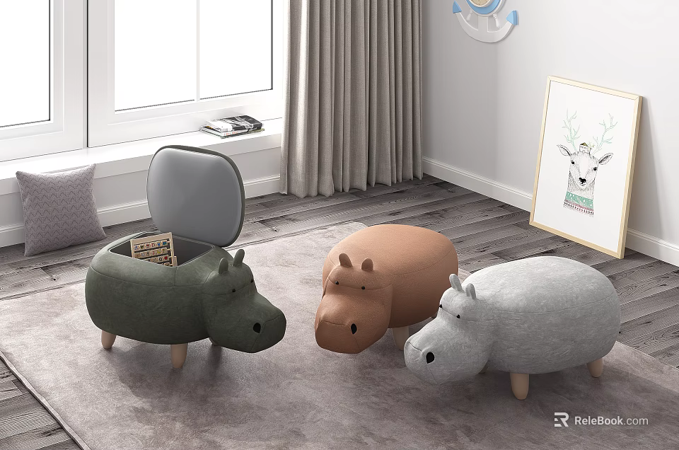 Soft Hippo Shaped Storage Stools in Green Brown Gray for Kids Room 3d model 