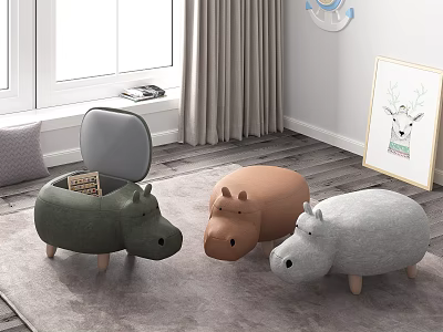 Soft Hippo Shaped Storage Stools in Green Brown Gray for Kids Room 3d model