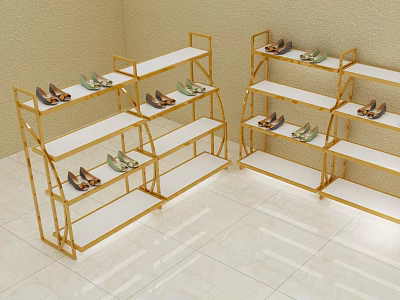 Golden Display Shelves With White Layers And Shoes In Retail Store 3d model
