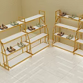 Golden Display Shelves With White Layers And Shoes In Retail Store