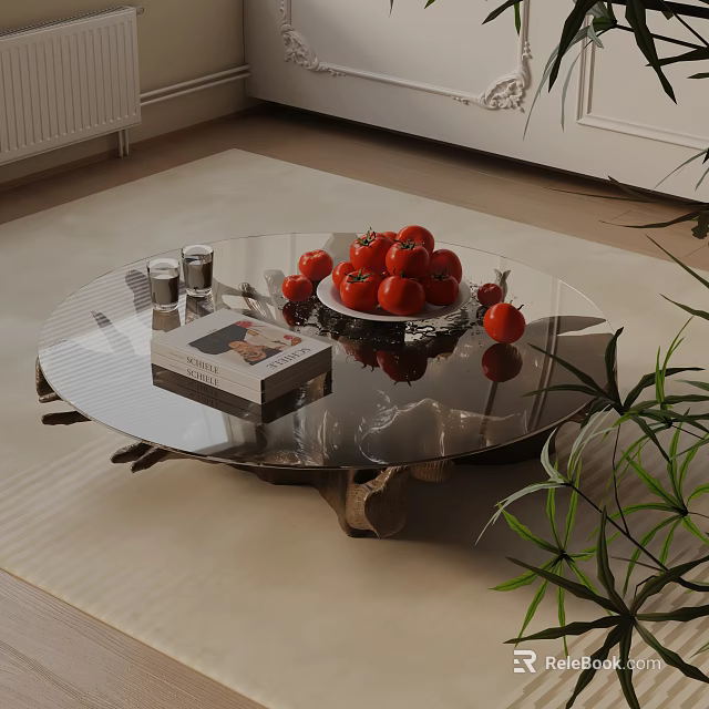Sofa and Coffee Table Set with Glass Top Wooden Base Fresh Tomatoes Books and Glasses 3d model 