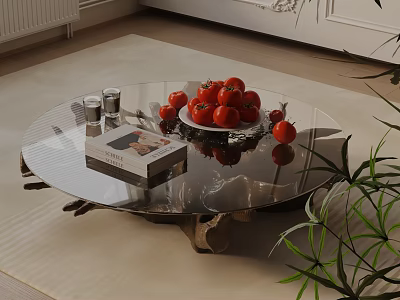 Sofa and Coffee Table Set with Glass Top Wooden Base Fresh Tomatoes Books and Glasses 3d model