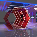 Futuristic Tech Corridor With Illuminated Red Hexagonal Structure Blue Lighting And Reflective Floor 3d model