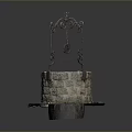 Ancient Stone Well Structure With Ornate Iron Frame And Stone Paved Base 3d model