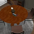 Round Wooden Dining Table With Brown Leather Chairs And Vase On Gray Rug