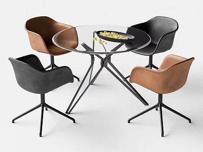 Round Glass Top Negotiation Table with Black Brown Leather Chairs Metal Legs and Gold Tray 3d model