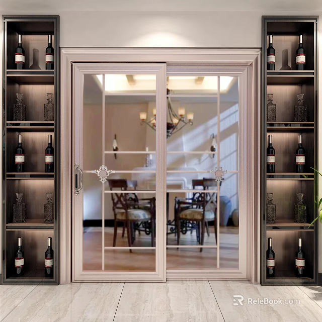 Glass Sliding Door With White Frame Dining Table Chairs And Chandelier In Dining Room 3d model 