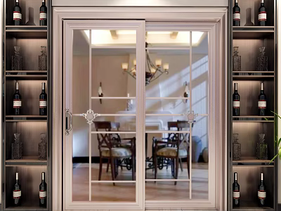 Glass Sliding Door With White Frame Dining Table Chairs And Chandelier In Dining Room 3d model