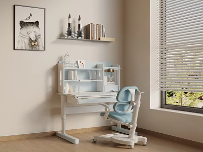 White Children's Study Desk With Bookshelf Blue Adjustable Chair And Storage In Kids Room 3d model