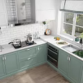 Modern Kitchen Interior With Light Green Cabinets White Brick Backsplash And Stainless Steel Appliances