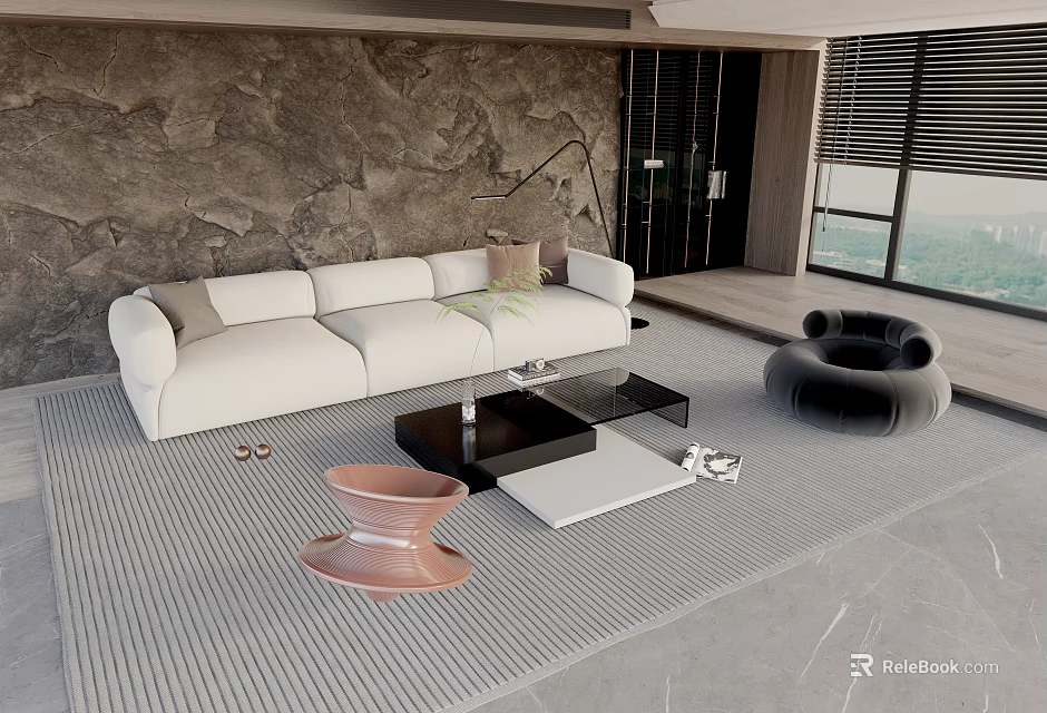 Modern Living Room With White Sofa Black Coffee Table And Accent Chair 3d model 