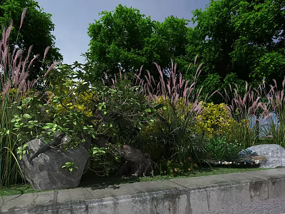 Shrubs with Green Trees Pink Grass and Yellow Flowers Near Stone Wall 3d model