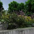 Shrubs with Green Trees Pink Grass and Yellow Flowers Near Stone Wall
