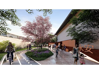Yong'an Traditional Pedestrian Street With Cherry Blossoms Cyclists And Pedestrians 3d model