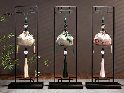 Decorative Ornament Decor Set with Three Black Stands Hanging Ornaments Colorful Tassels and Bamboo Backdrop 3d model