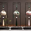 Decorative Ornament Decor Set with Three Black Stands Hanging Ornaments Colorful Tassels and Bamboo Backdrop