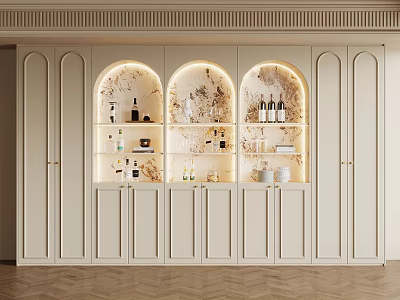 Elegant Modern Wine Cabinet With Arched Glass Doors Interior Lighting And Displayed Bottles 3d model